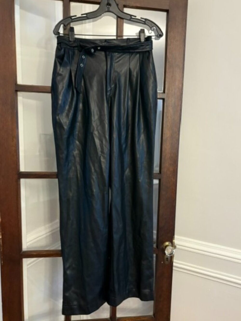7 for All Mankind Faux Leather Wide-Leg Pants with Belt, Size Medium